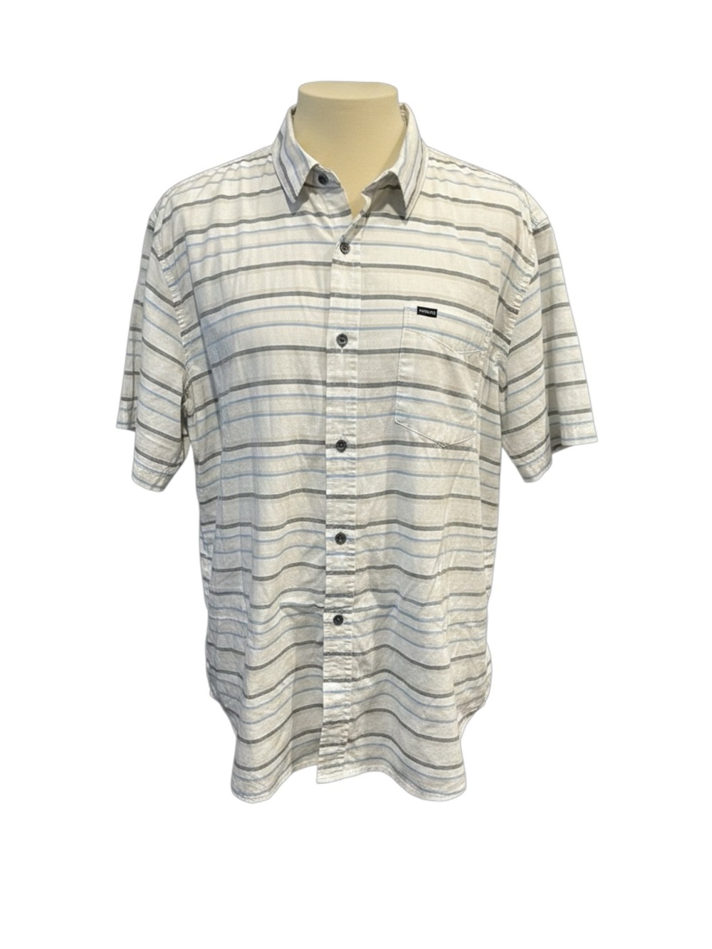 Hurley Men's Short-Sleeve Button-Up Shirt in Light Gray, blue and beige Stripes